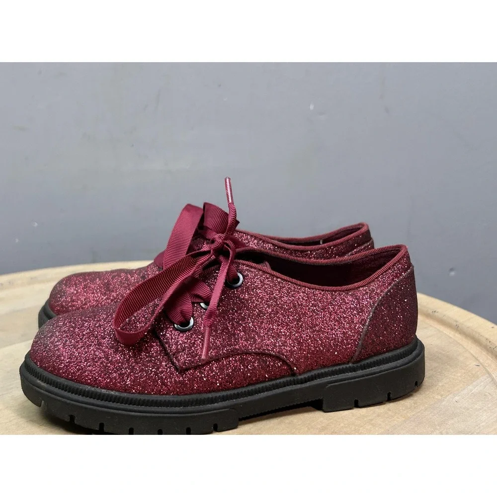 Cat & Jack‎ Shoes Girls Size 12 Burgundy Glitter Oxford Dress Ribbon Lace Up